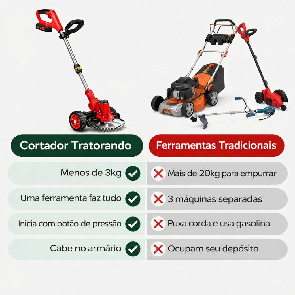 Comparativo: cortador Tratorando com menos de 3kg, uma ferramenta faz tudo, contra ferramentas tradicionais pesadas a gasolina