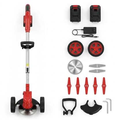 Kit completo do cortador de grama 48V espalhado: maquina montada com rodas, 2 baterias, carregador, par de rodas, disco de metal, 2 laminas de metal, 5 laminas de plastico, apoio de mao, escudo protetor e chaves allen