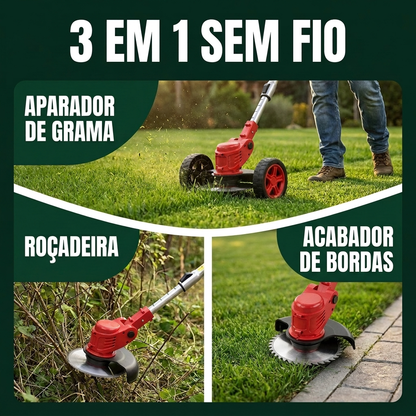 Cortador de grama eletrico 3 em 1 sem fio: aparador de grama, rocadeira e acabador de bordas