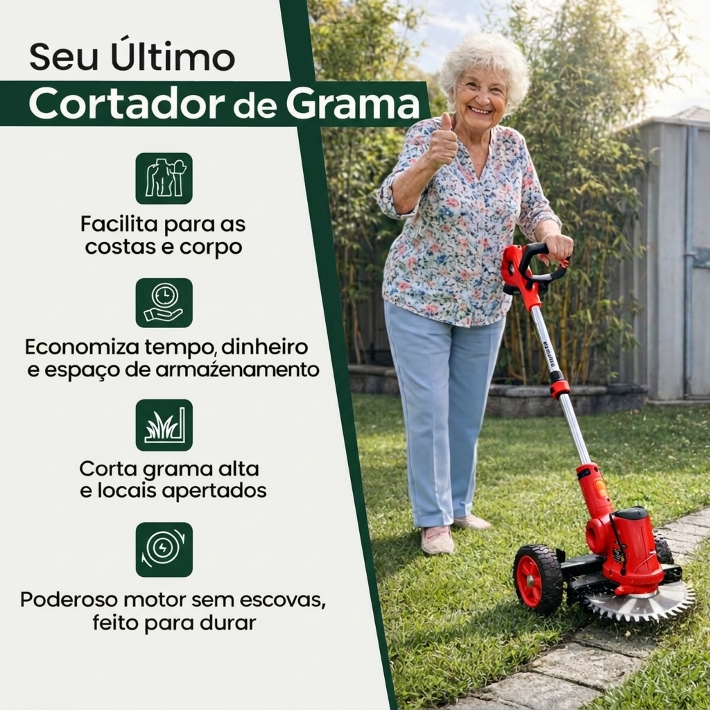 Seu ultimo cortador de grama: facilita para as costas, economiza tempo e espaco, corta grama alta e locais apertados