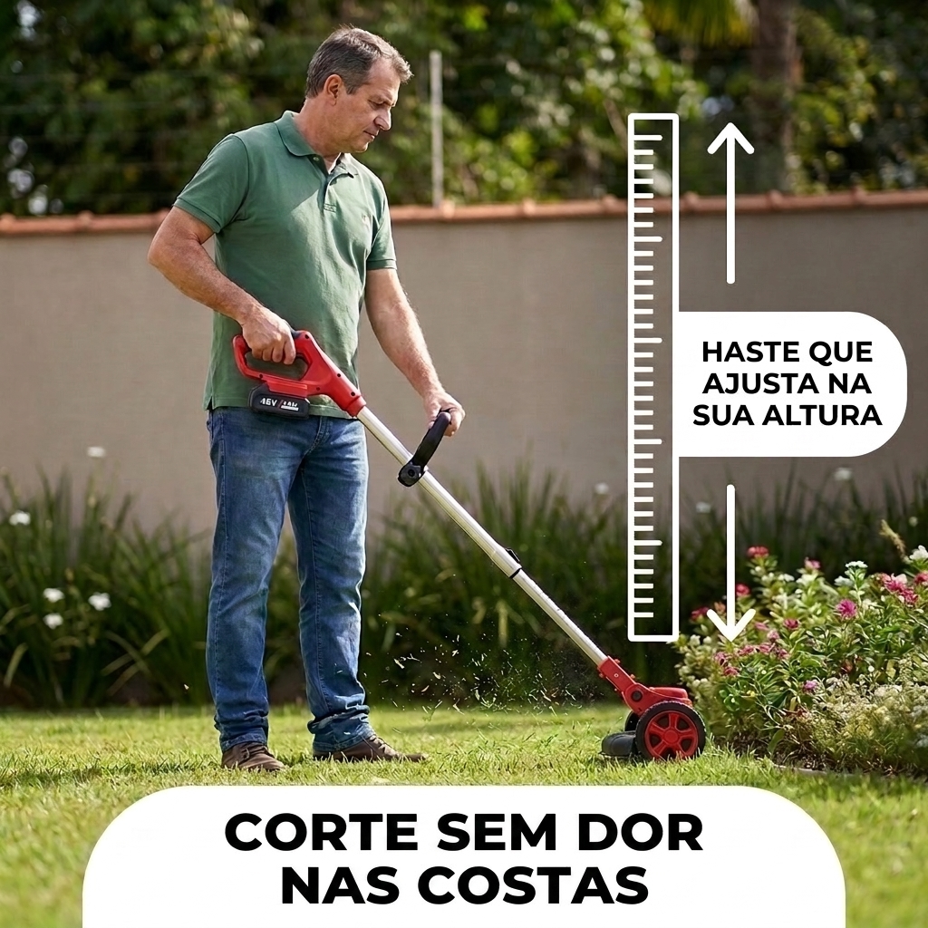 Haste telescopica que ajusta na sua altura para cortar a grama em pe, sem dor nas costas