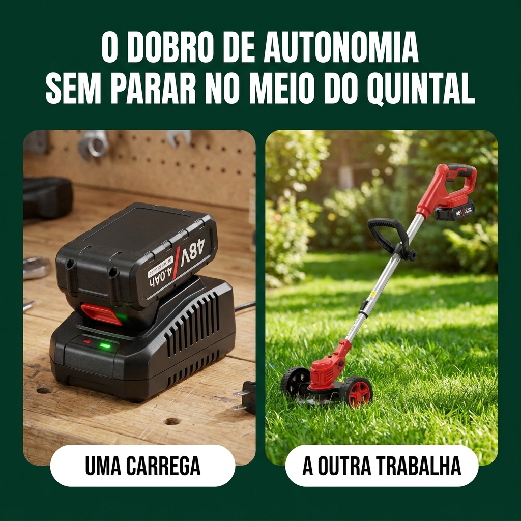 Duas baterias 48V de litio: uma carrega enquanto a outra trabalha, o dobro de autonomia