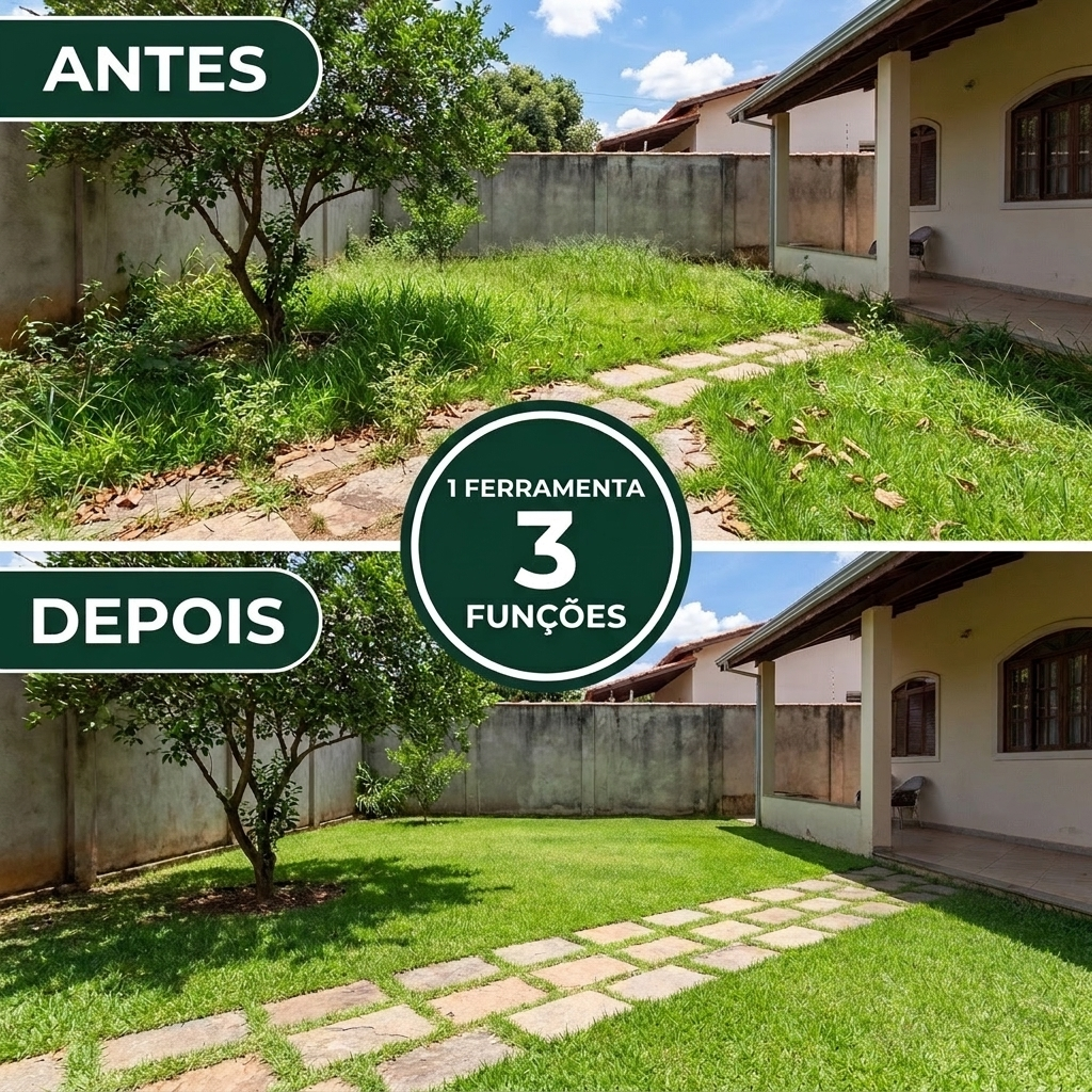 Antes e depois do mesmo quintal: grama alta e bordas tomadas pelo mato viram gramado aparado com as bordas retas. Uma ferramenta, tres funcoes